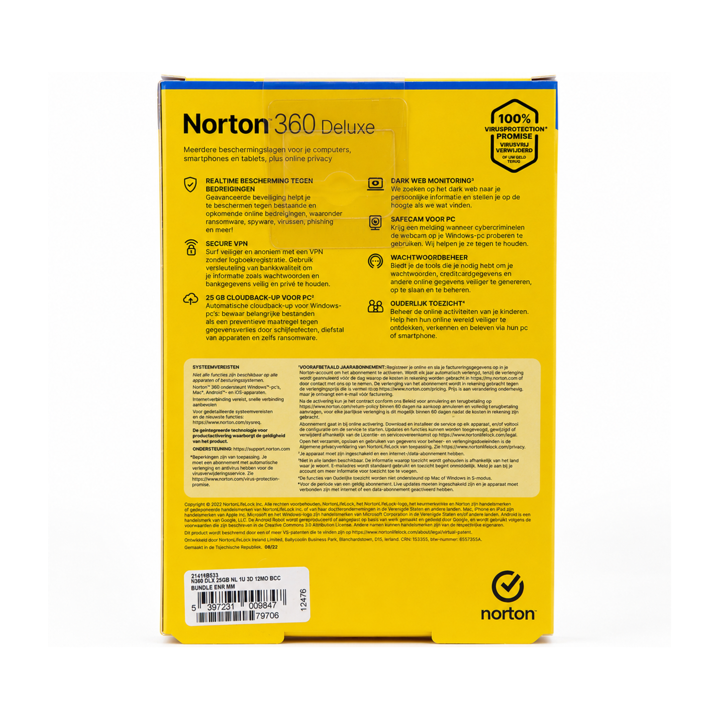 Achterkant van Norton 360 Deluxe antivirus voor 3 apparaten