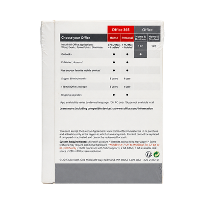Achterkant van Microsoft Office Home & Business 2016 Retail verpakking met productspecificaties