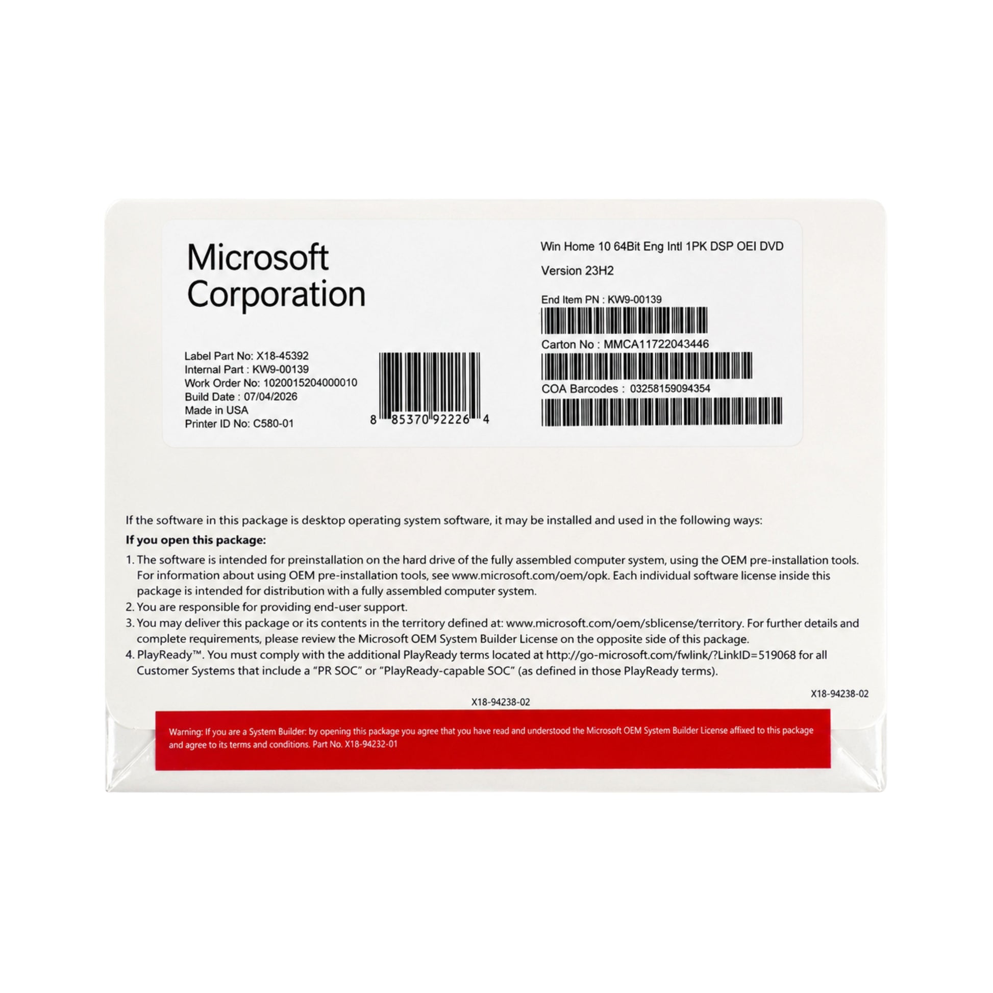 Microsoft Windows 10 Home OEM DVD productsleutel