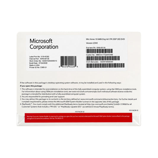 Microsoft Windows 10 Home OEM DVD productsleutel