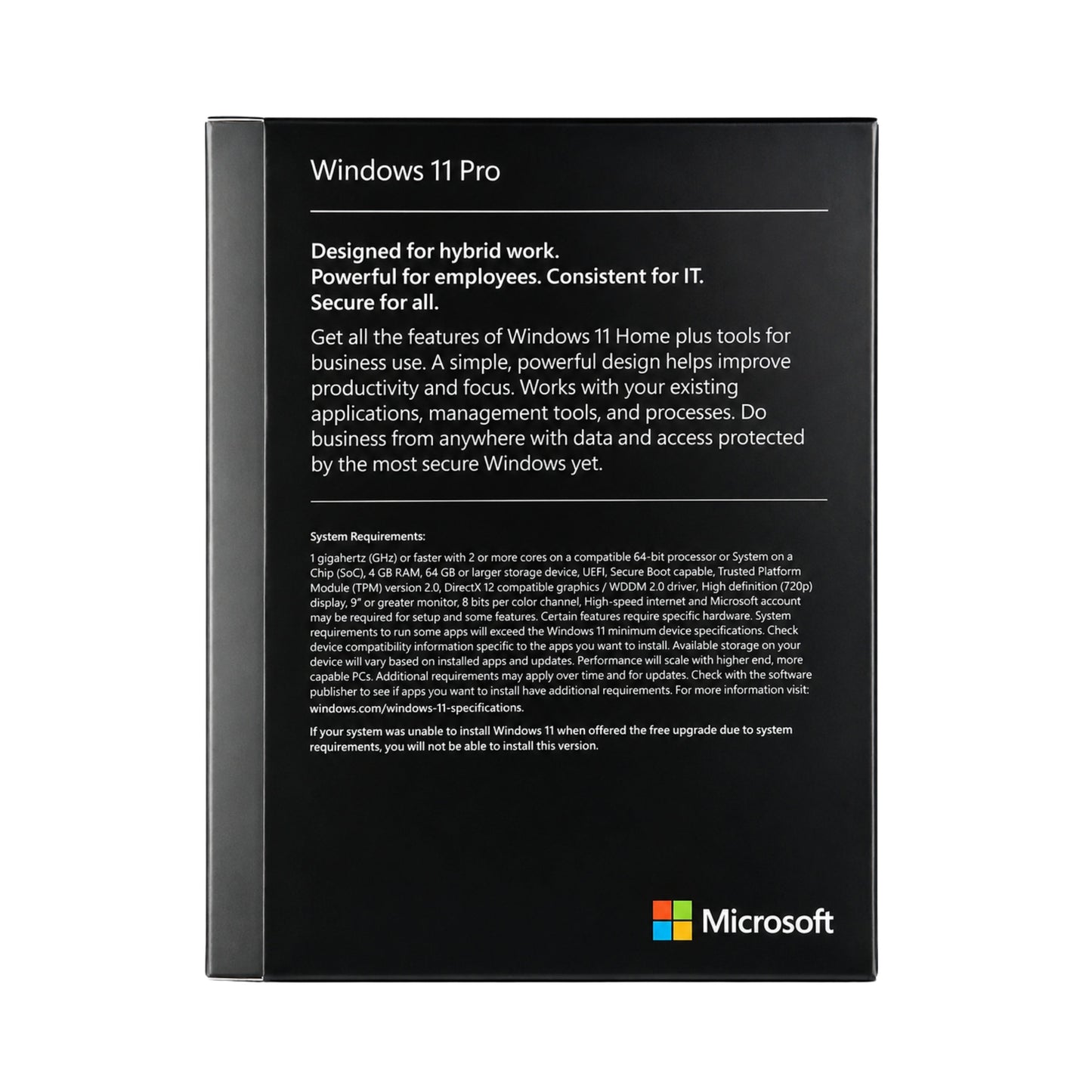 Achterkant van Microsoft Windows 11 Pro Retail USB verpakking met productspecificaties