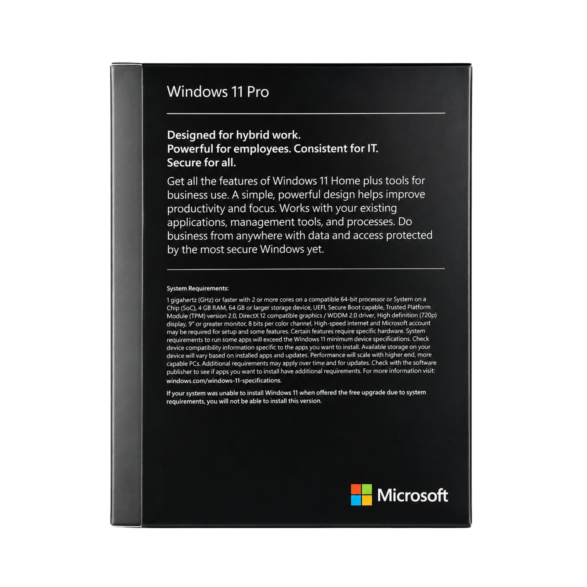 Achterkant van Microsoft Windows 11 Pro Retail USB verpakking met productspecificaties