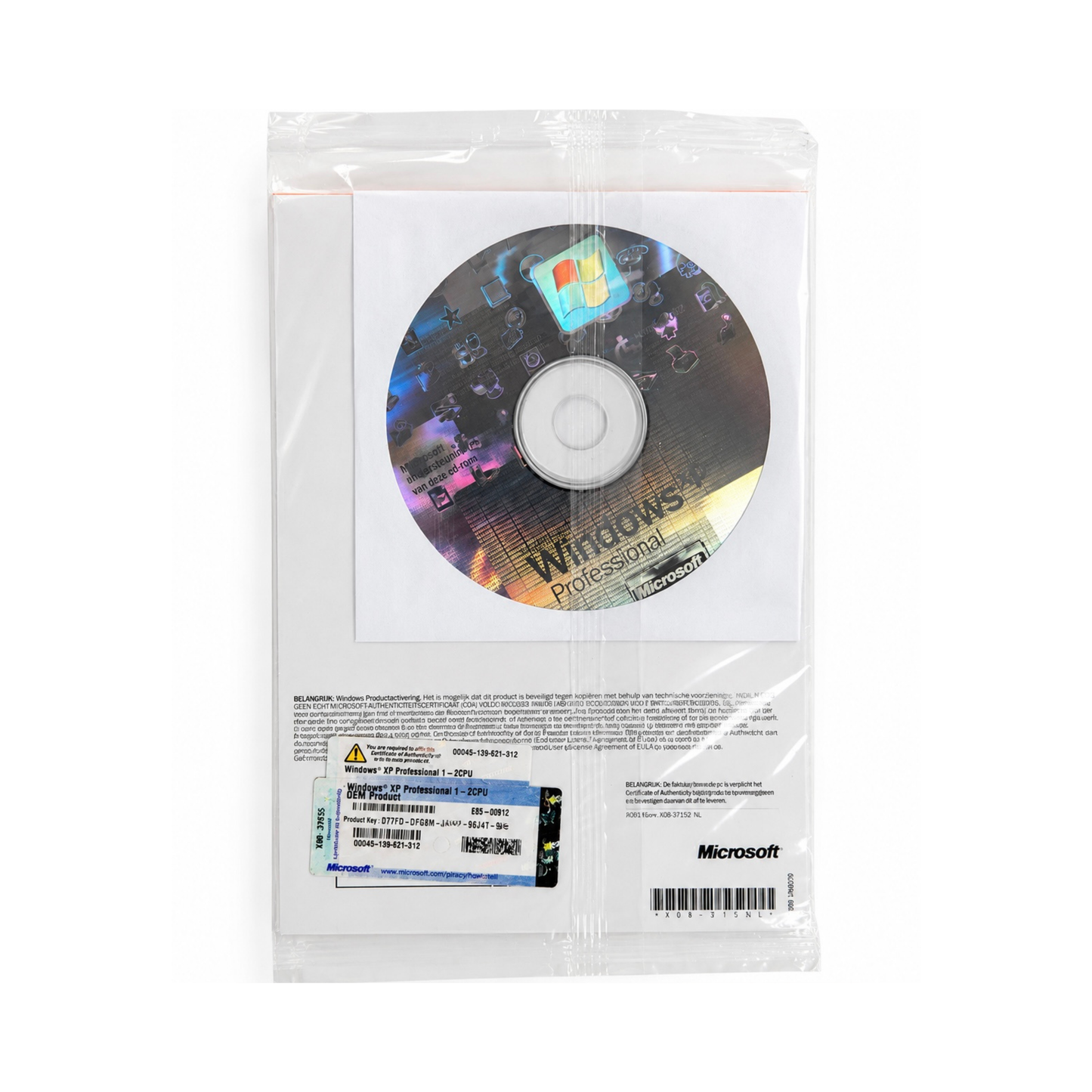 Achterkant van Microsoft Windows XP Professional OEM CD met installatieschijf en licentiesticker